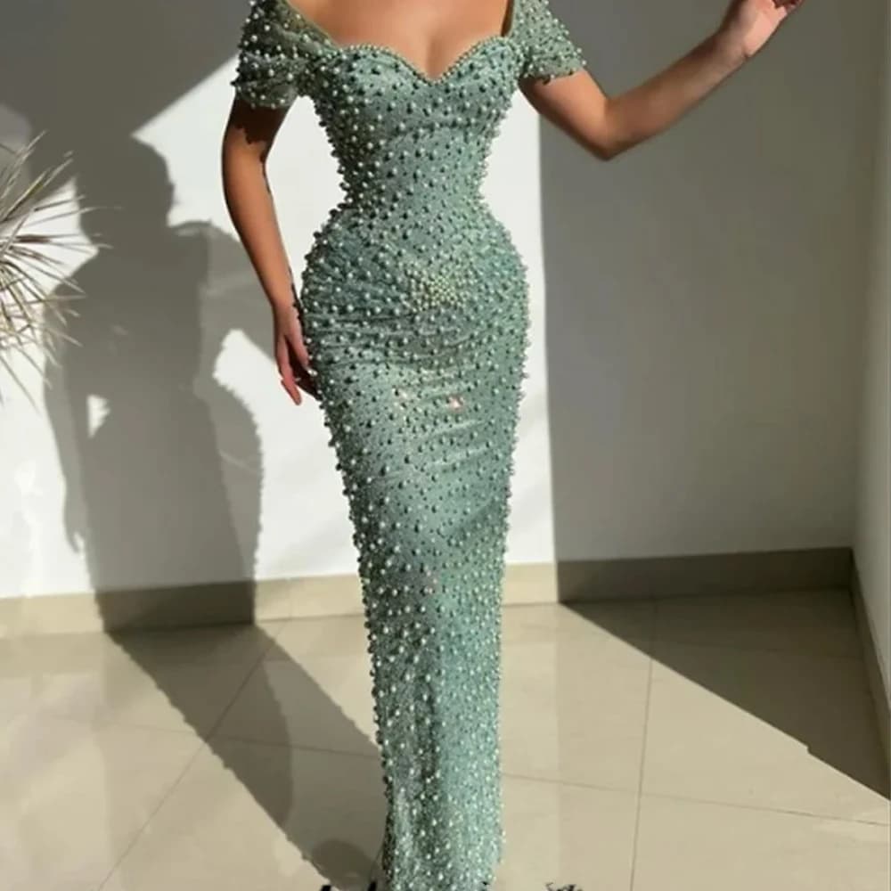 Customized High quality Elegant Green Full Pearls Beading Bodycon Prom Dresses Off the Shoulder Short Sleeve Floor Retro