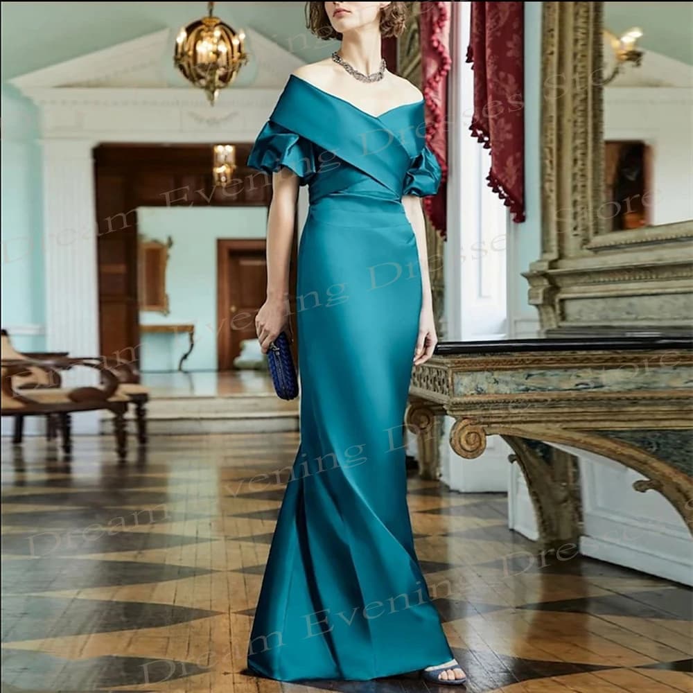 Elegant Mermaid Charming Evening Dresses For Women Classic Off The Shoulder Short Sleeve Prom Gowns Satin Pleated Formal Party