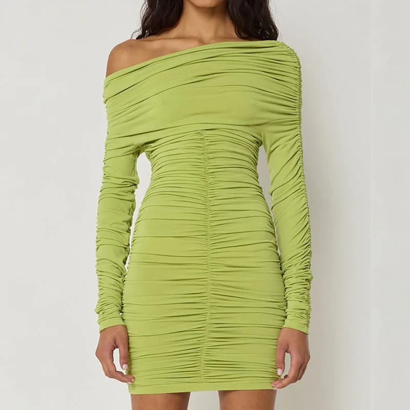 Womens Dresses Autumn Winter Female Short Dress Long Sleeve Single Shoulder Ruched Pleated Skirt Slim Woman Clothing Y2K Baddie