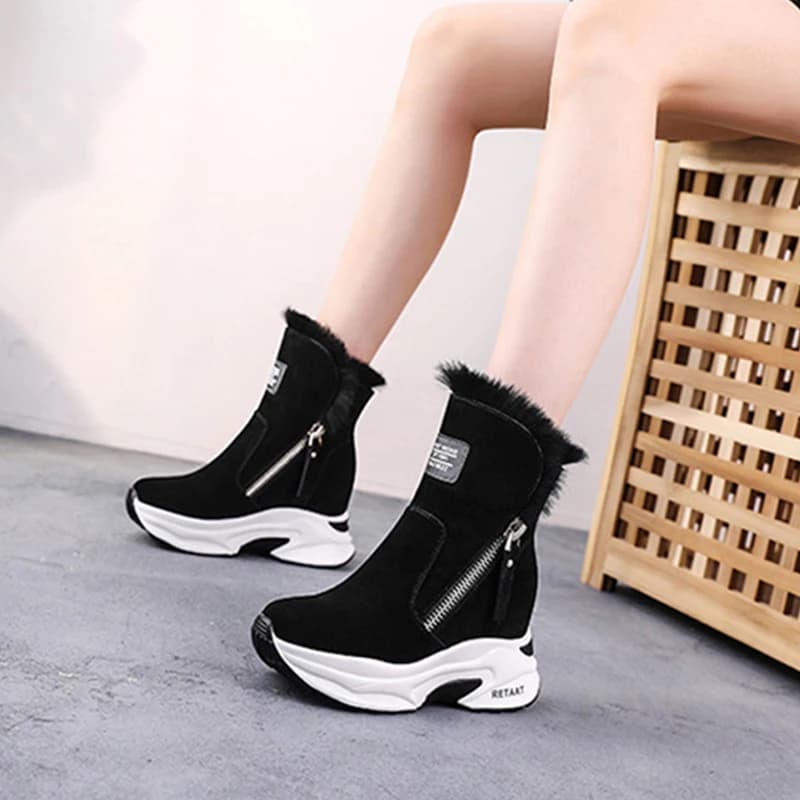 2024 Winter Shoes Women Snow Boots Genuine Leather Height Increasing 8.5cm Women Ankle Boots Warm Plush Black Beige D214