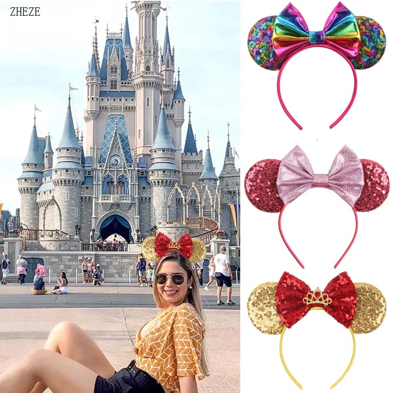2025 Hot Sales Sequins Mouse Ears Headband For Girls 5"Bow Hairband With Crown Festival Hair Accessories Mujer