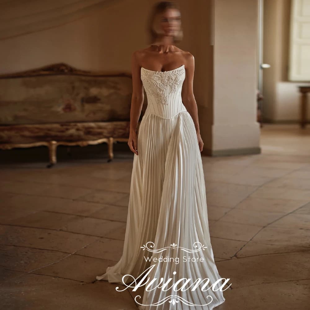 Aviana Customized Ivory Beads Long Wedding Dresses Elegant Strapless Floor-Length Party Brides Dress Vestidos De Novias Charming