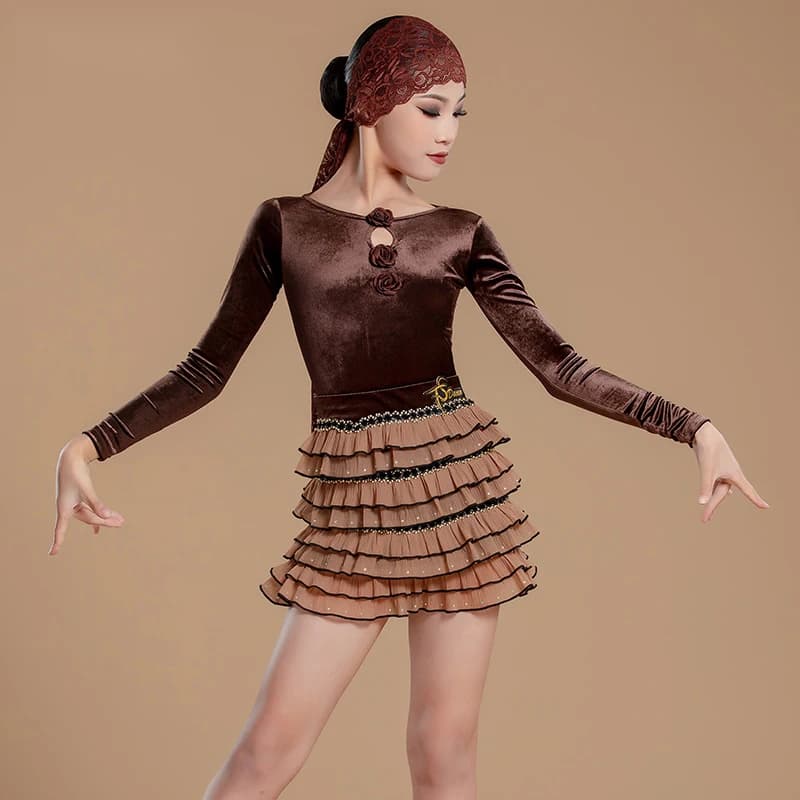 Children Latin Dance Performance Dress For Girls New  Long Sleeved Velvet Tops Split Skirts Suit Samba Chacha Latin Wear DN19328