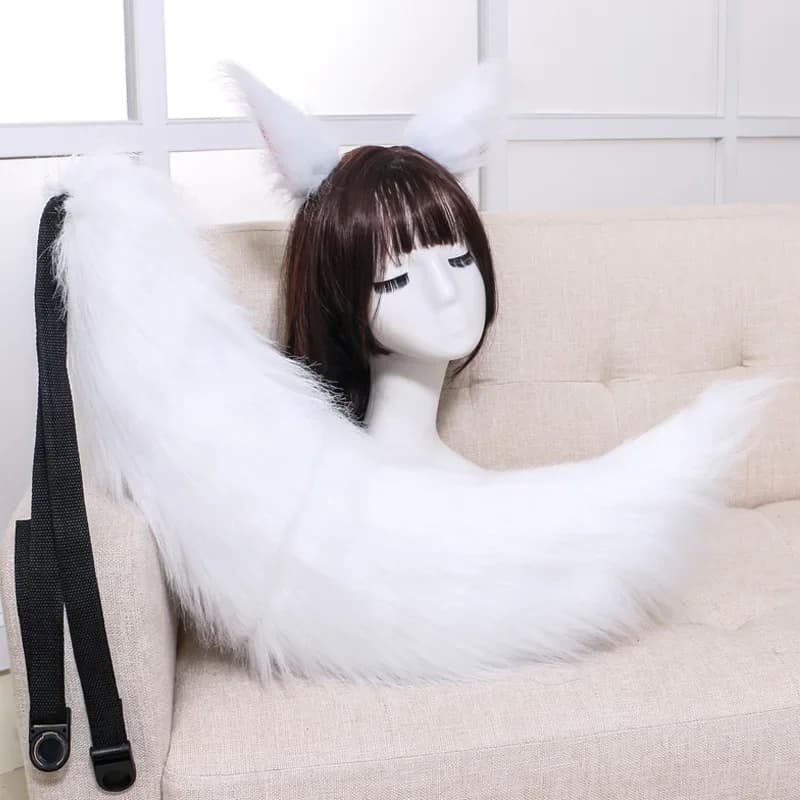Japan Anime Fox Tail and Ears Set Cosplay Prop Role Play Ear Tail Plush Stuffed Wolf Cat Ears Halloween Party Plushies Gifts Bag