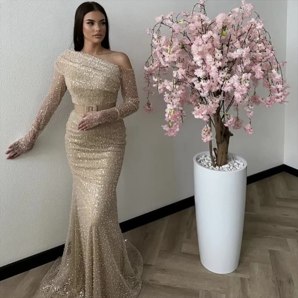 Champagne Glitter Prom Dresses Sequined Mermaid Full Sleeves Party Evening Dress Shiny Long Customized vestidos de fiesta 2024