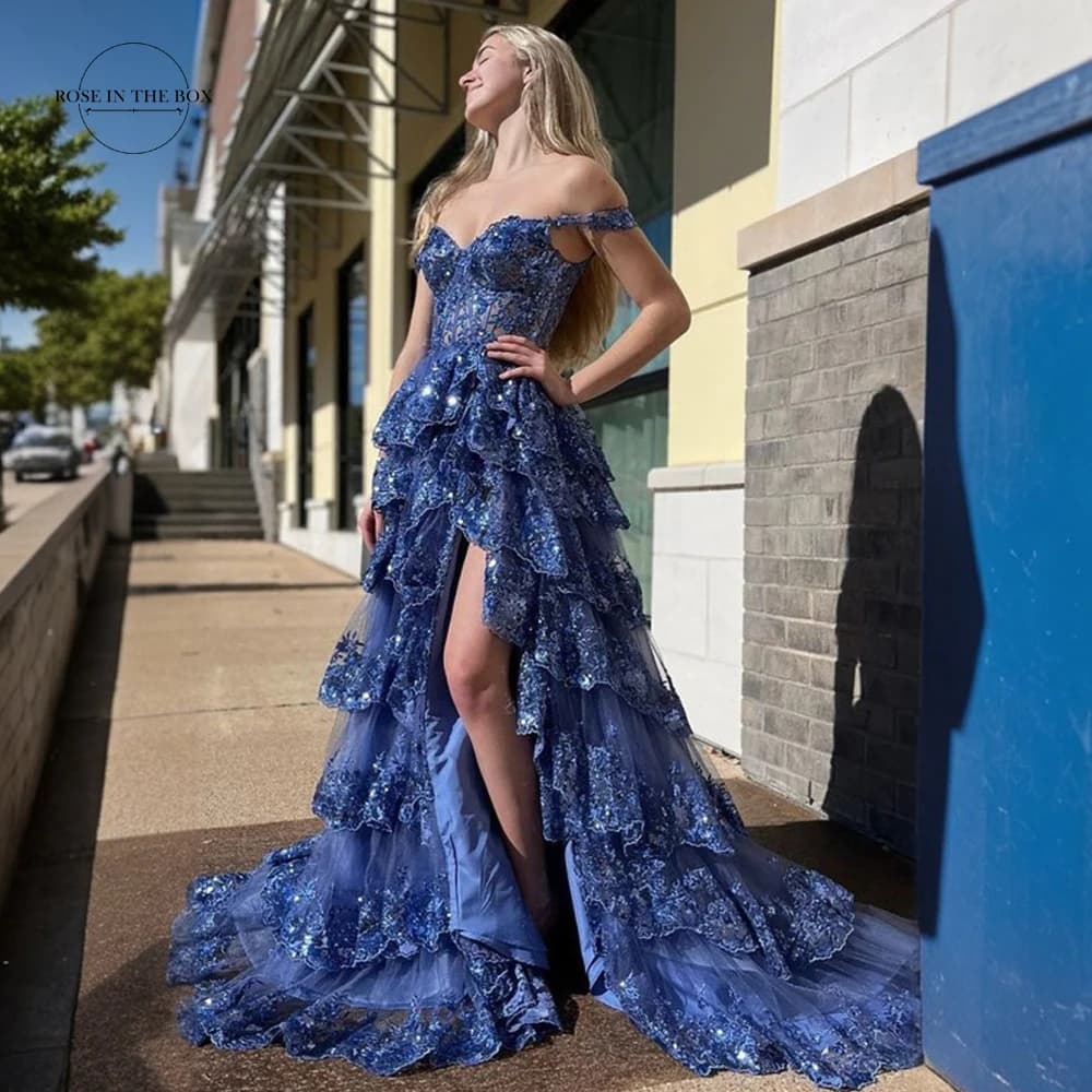 Exquisite Tiered Skirt Illusion Corset Prom Dresses With Floral Applique Sparkly Long Split Elegant Gowns For Women Customized