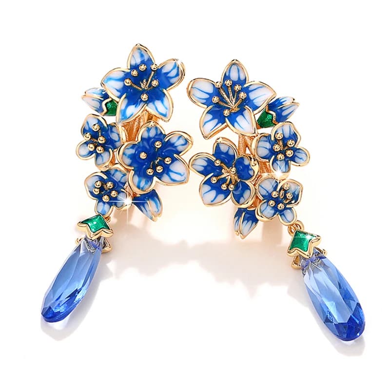 Huitan New Design Blue Morning Glory Earrings for Women Luxury Gold Color Bride Wedding Party Romantic Flower Earrings Jewelry