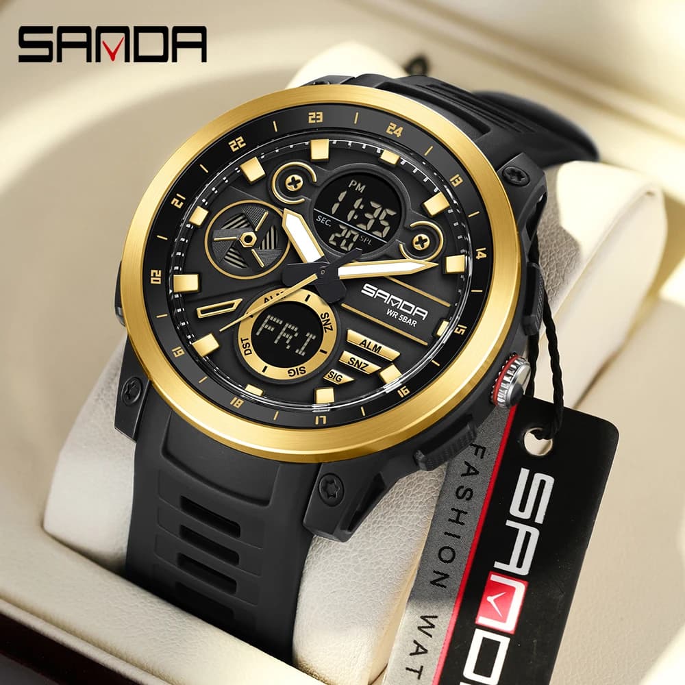 SANDA Top Brand 3379 Men's Electronic Watch Sport Dual Screen Multi functional Waterproof LED Fashion Men's Electronic Watch