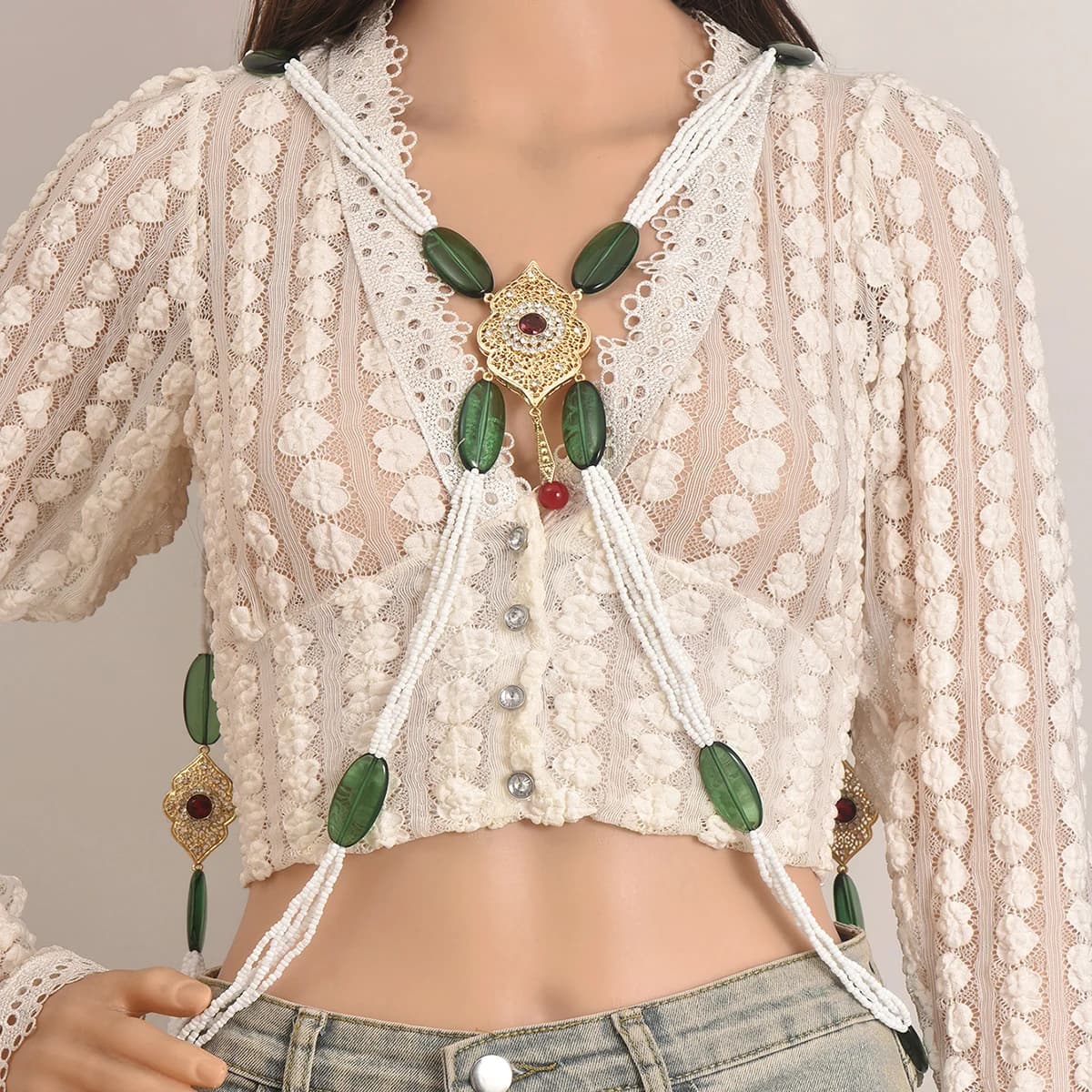 Golden Hollow Design Jade-Colored Handcrafted Bead Chain Paired With Dress And Robe Arabian Bride Body Jewelry Sholder Chain