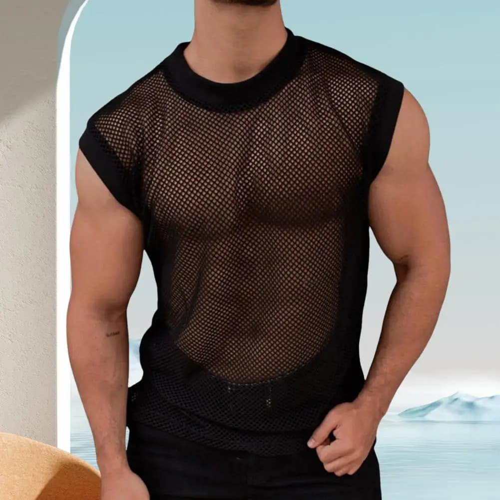 Men Round Neck Mesh Tank Mesh Tops Breathable Mesh Sleeveless Vest for Men Loose Fit Summer Streetwear See-through Design