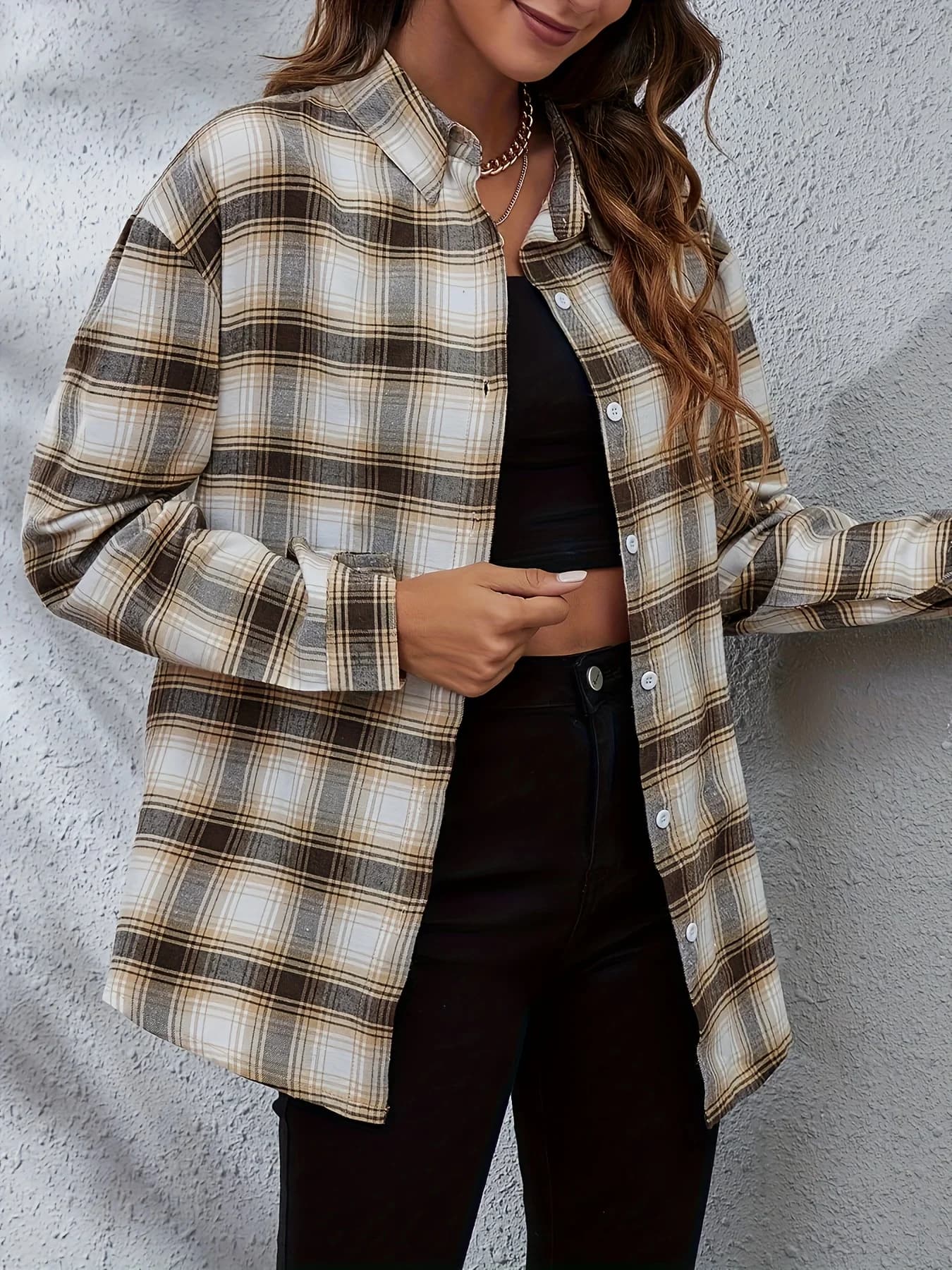 Women's Plus Size Fashionable Checkered Printed Shirt Long Sleeved Lapel Button Casual Commuting Shirt