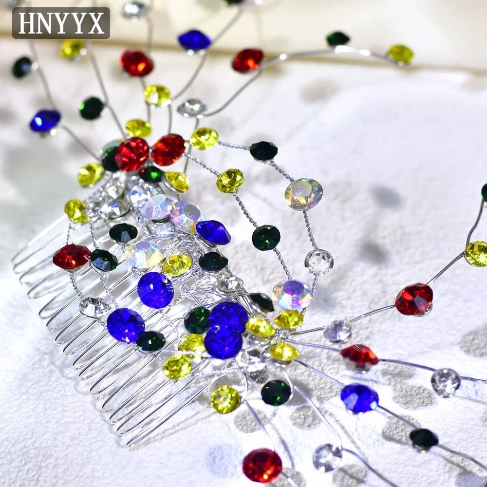 HNYYX Crystal Hair Comb Clip Colored Rhinestone Hair Comb Handmade Women's Bridal Wedding Hair Ornament Jewelry A268