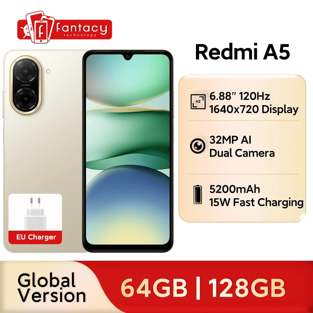 Global Version Xiaomi Redmi A5 No NFC 6.88" 120Hz Display 32MP Camera 5200mAh Large Battery Android 15 Cellphone