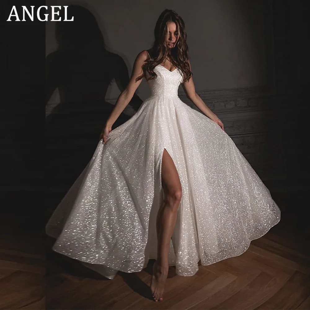 ANGEL Spaghetti Strap V-Neck Sparkling Wedding Dresses for Women Customized Side Split Glitter Bridal Party Gowns Hochzeitskleid