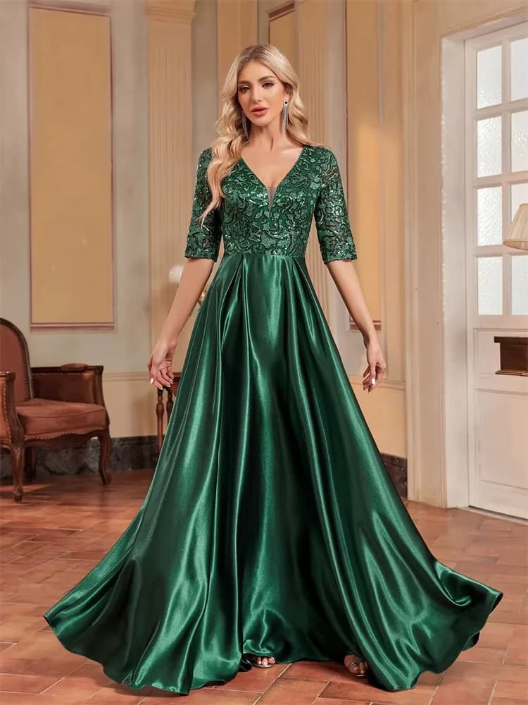 Luxury Short Sleeve Green Satin V-Neck Evening Dress Women Sequin elegant Party Prom Floor Lenght Cocktail Graduation Gowns