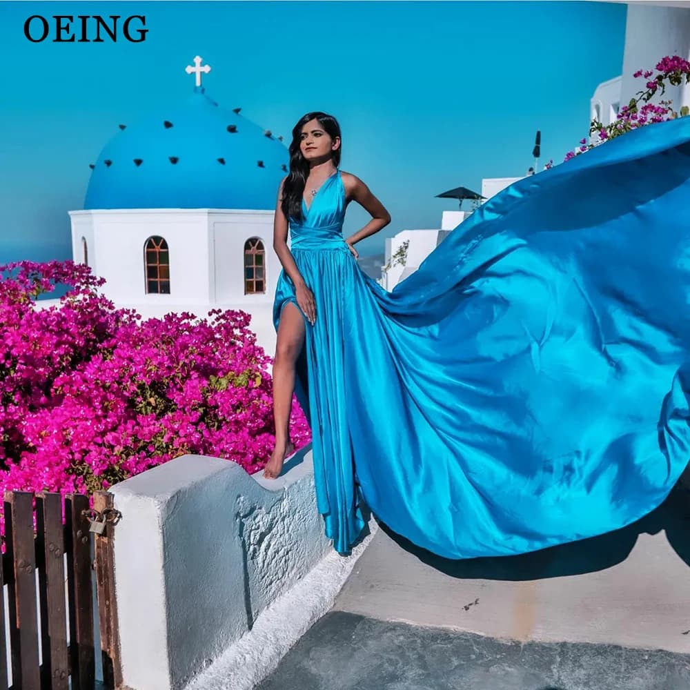OEING Float Long Sweep Train Prom Dress 2024 Photoshoot Satin Party Dress Sexy V-neck Silk Vestidos De Noche Vestidos De Gala