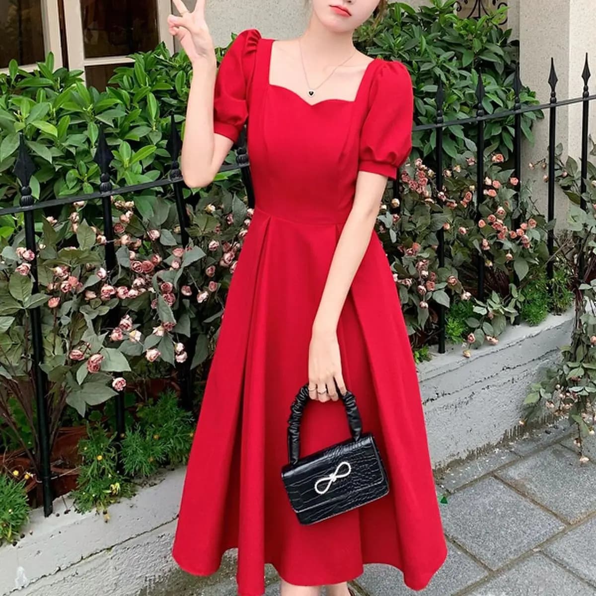 Women Elegant Festival Party Red Dress Puff Short Sleeve Back Bow Classic Vintage Long Dress 2022 Summer Female French Clothes
