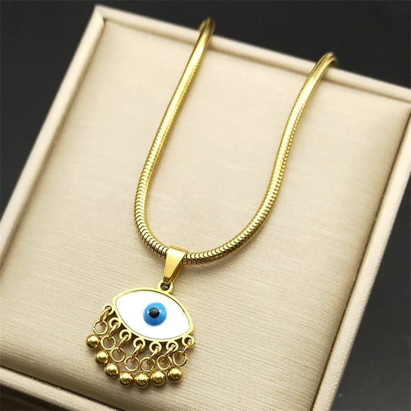 Evil Demon Eye Vintage White Shell Choker Pendant Necklace Women Men Stainless Steel Gold Color Bead Tassel Snake Chain Jewelry