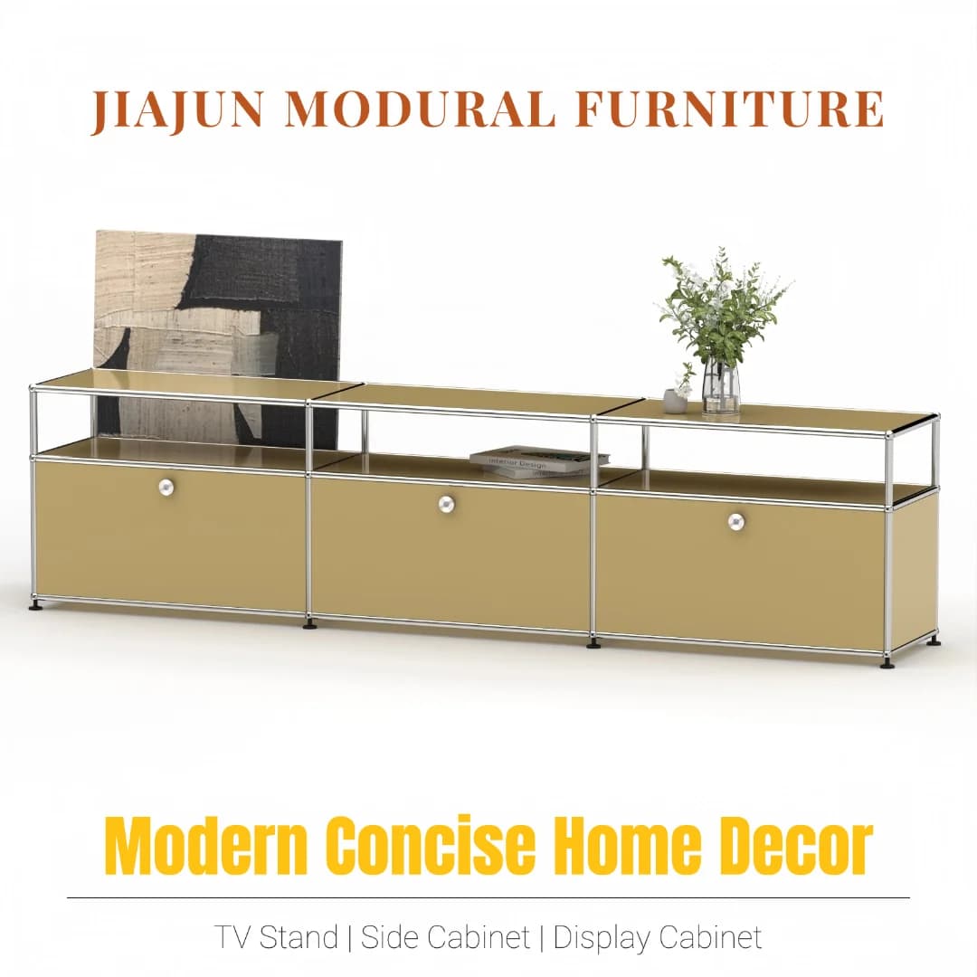 Modern Modular Low TV Cabinet｜3-Tier Sideboard with Drop Doors｜Steel Frame Storage Bench Unit | Minimalist Low Media Console
