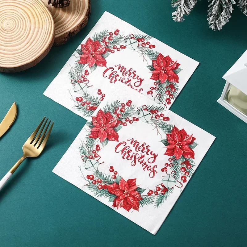 10/20pcs Christmas Collection Napkins Christmas Flowers Wreaths Colourful Printed Paper Placemats Butterfly Bone Bart Paper