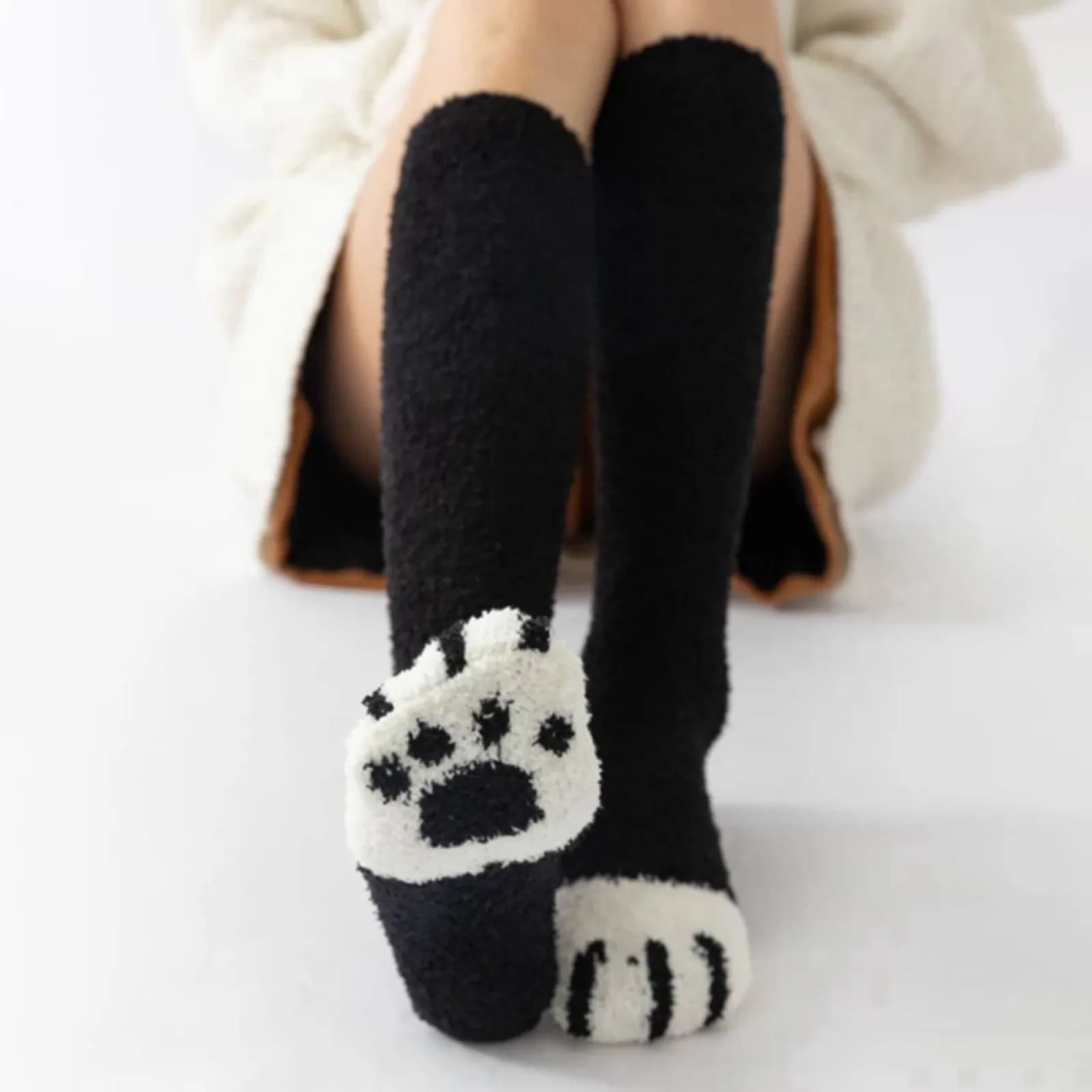 Kawaii Cartoon Socks For Women Cute Cat Paw Pattern Stockings Coral Fleece Warm Socks Funny Home Floor Sleeping