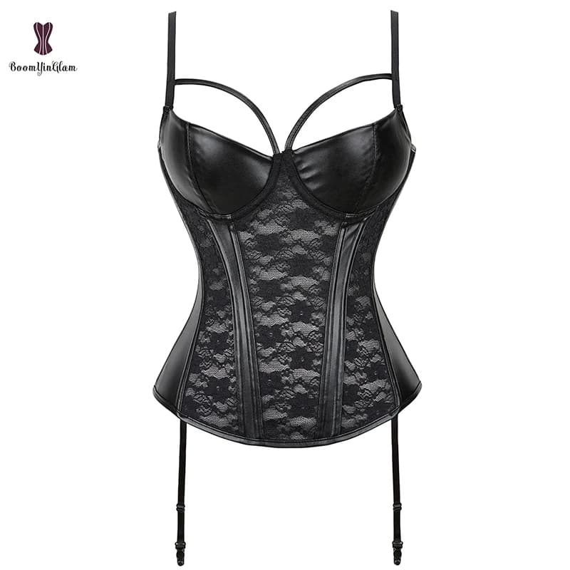 Removable Strap Floral Mesh Korset Gothic Black Steam Punk Corselet Faux Leather Corsets And Bustiers For Women Plus Size S-6XL