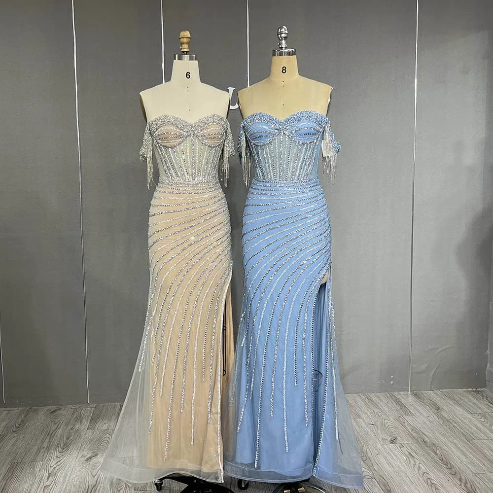 YQLNNE 025 Blue Off The Shoulder Crystals Beaded Evening Dresses Pageant Long Tulle Red Carpet Party Gown Mermaid