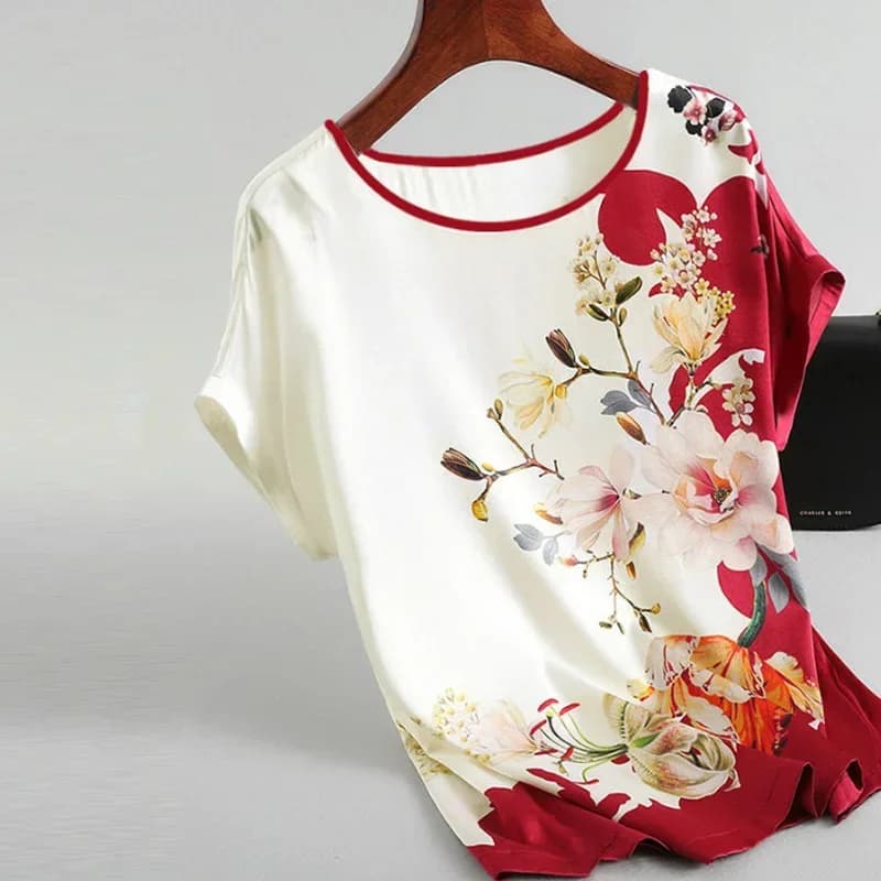 Plus Size Women Silk Satin Blouses Spring Summer Floral Printing Blouse Female Fashion Shirt Tops