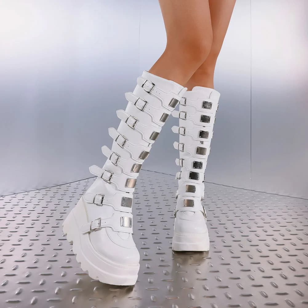 Women's Y2K Goth Knee High Boots Fashion Cosplay Punk Metal Buckle Wedges High Heels Back Zipper Round Toe Platform fall Boots