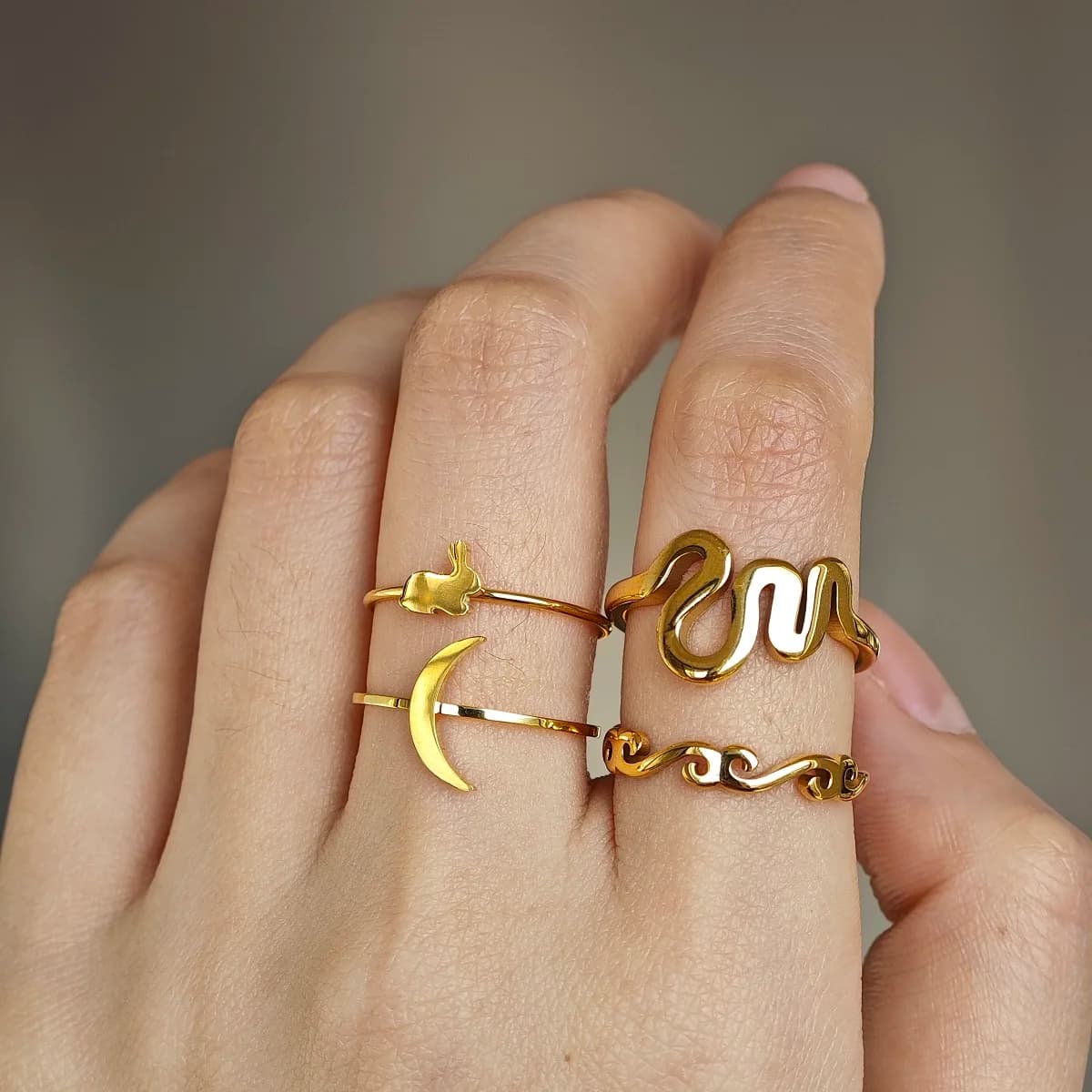 New Ins Stainless Steel Plated 18k Gold Cute Abstract Moon Ring Vintage Cloud Rings For Women Fashion Jewelry