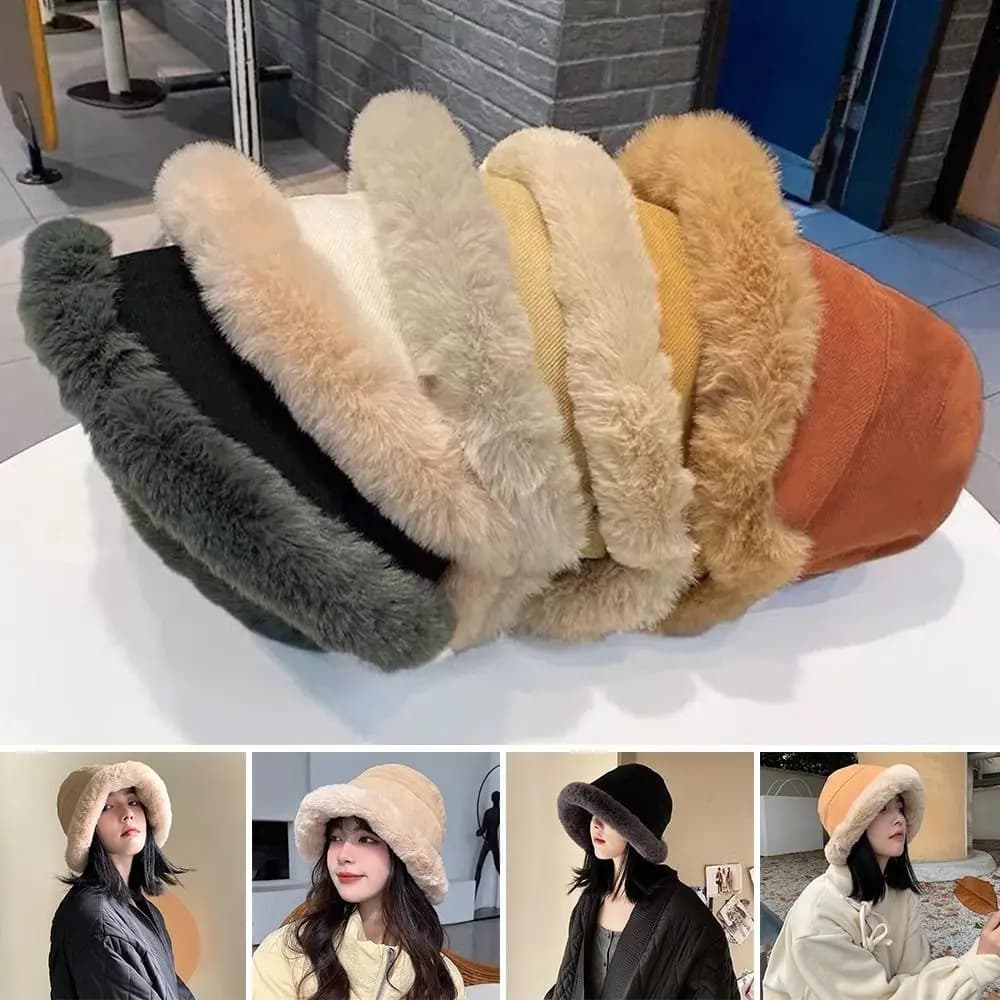 Outdoor Faux Fur Plush Bucket Hat Plus Velvet Warm Panama Hat Winter Soft Fisherman Cap Women