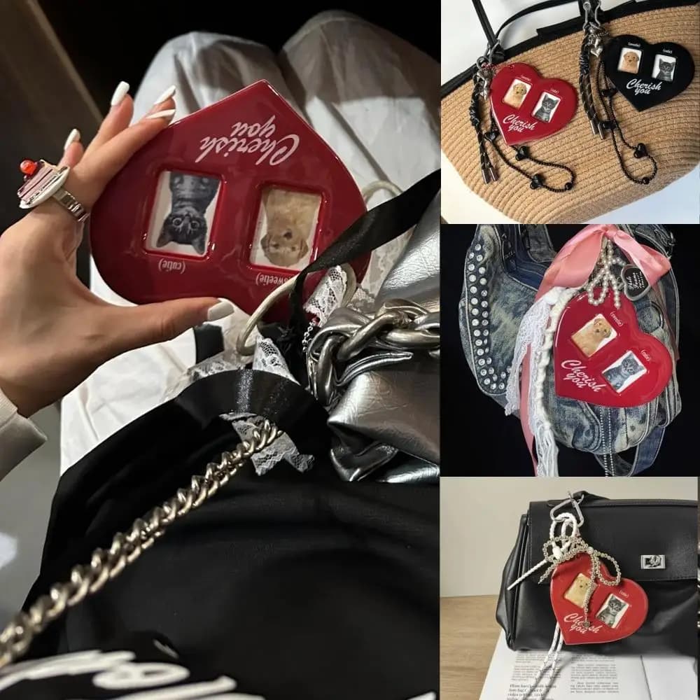 Love Heart Shaped Keychain Bag Pendent Hanging Idol Photo Protective Photocard Holder Display Bag Decoration Card Holder INS