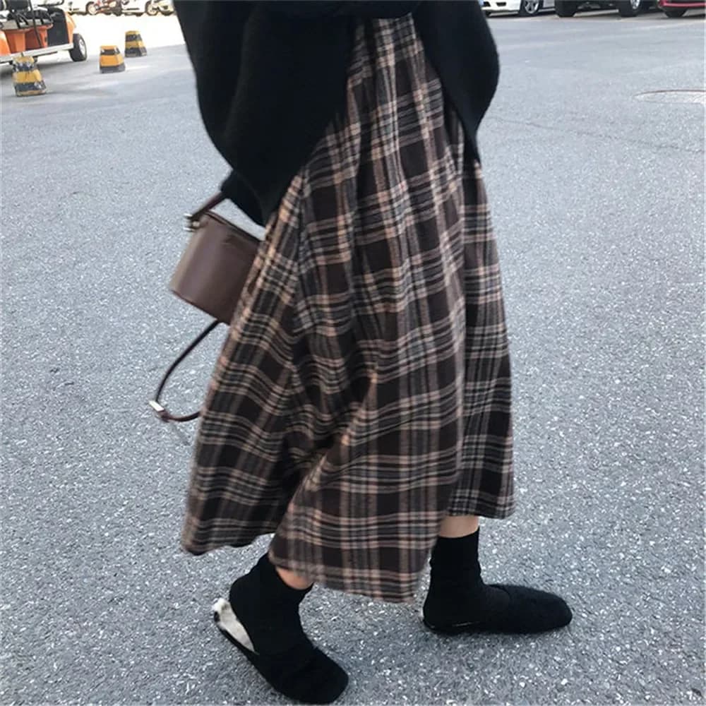 Japanese Rainbow High Waist A-Line Wool Plaid Skirt Female Students Preppy Style Wild Midi Skirt Women Autumn Long Skirt