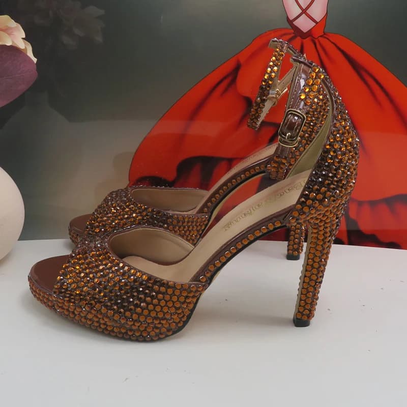 Super High Heel  Golden Bridal Wedding shoes Summer Sandals woman Fashion Party Dress shoes Ankle Strap sandal Open Toe