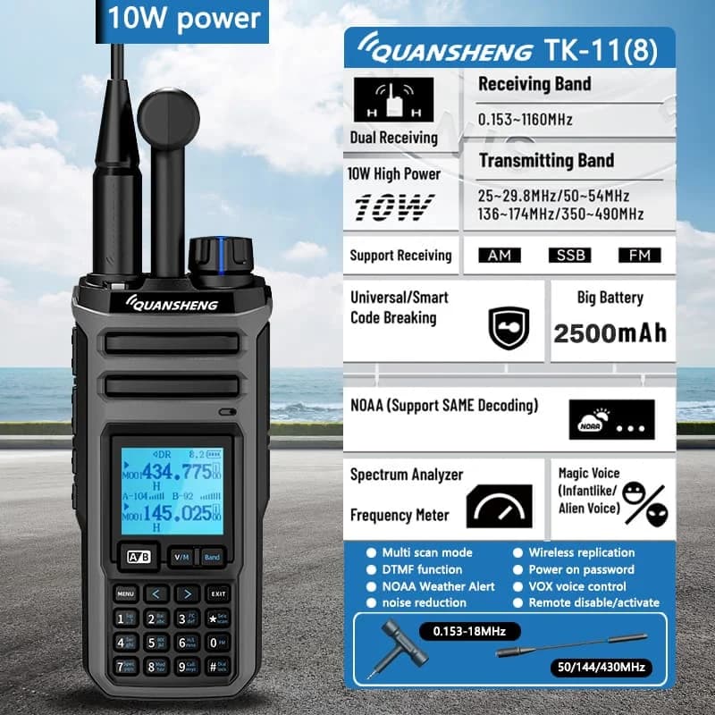 ​Quansheng TK-11(5) 10W VHF/UHF Dual Band Radio 999CH CTCSS/DCS IP55 2500mAh Type-C NOAA Weather Alarm CE