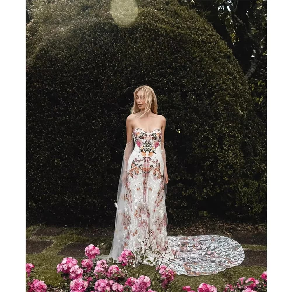 Kyoto Off Shoulder Colorful Floral Embroidery Wedding Dress Puffy Sleeves vestidos de novia Customized Low Back Bridal Gown 2025