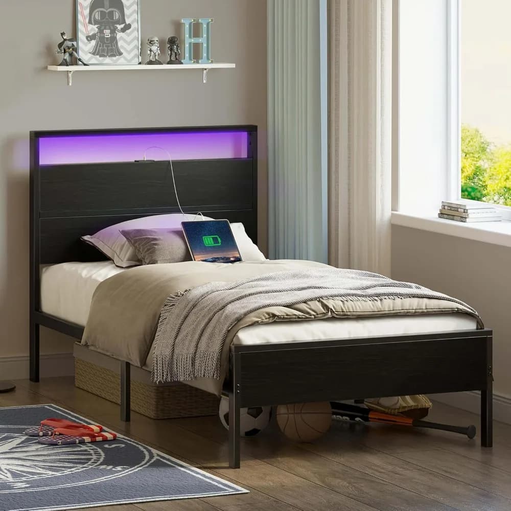 Bed Frame with Charging Station, Twin Bed w LED Lights Headboard, Metal Platform, 10.2” Under Bed Storage Clearance