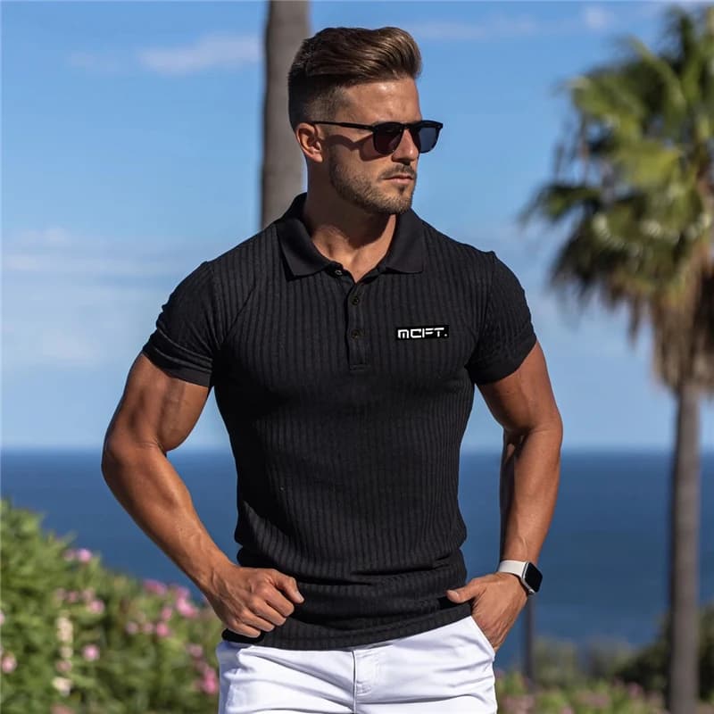 Stripe Knitted Slim Fit Elastic Button Lapels Shirt Breathable Quick Dry Polo Gym Fitness Sport Short Sleeve Running Polo Shirts
