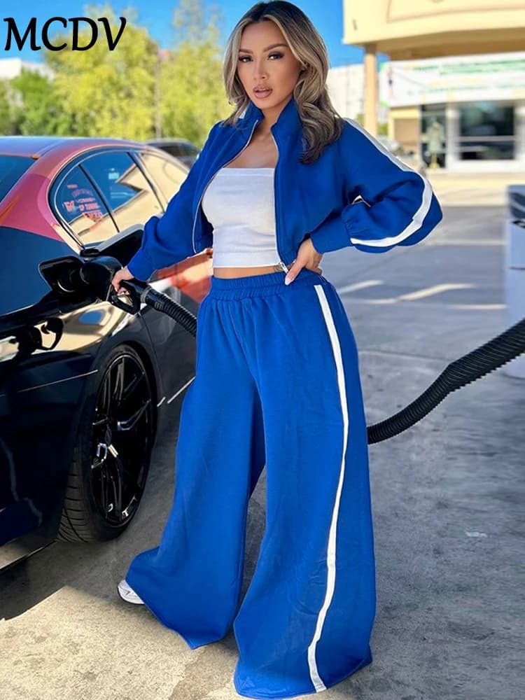 MCDV Tracksuits Women's 2 Piece Pants Set 2024 Fall Winter Long Sleeve Zipper Short Coat and Wide Leg Pants Matching Suit Outfit
