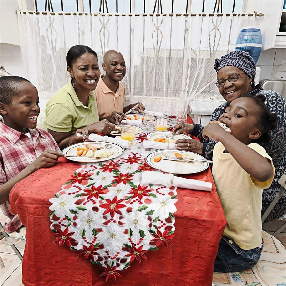 Christmas Table Runner, Poinsettia Holly Leaf Embroidered Table Linens for Christmas Decorations 15 X 53