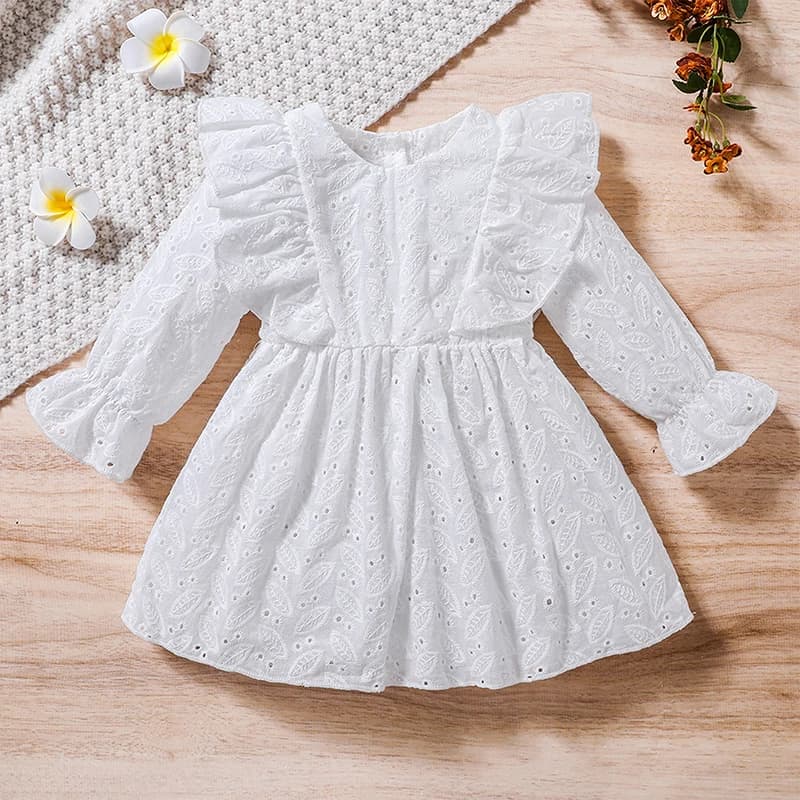 Toddler Girls Lace Cutout Round Neck Ruffles Long Sleeve Dress Spring Autumn Casual Princess A-line Dress with Floral Embroidery