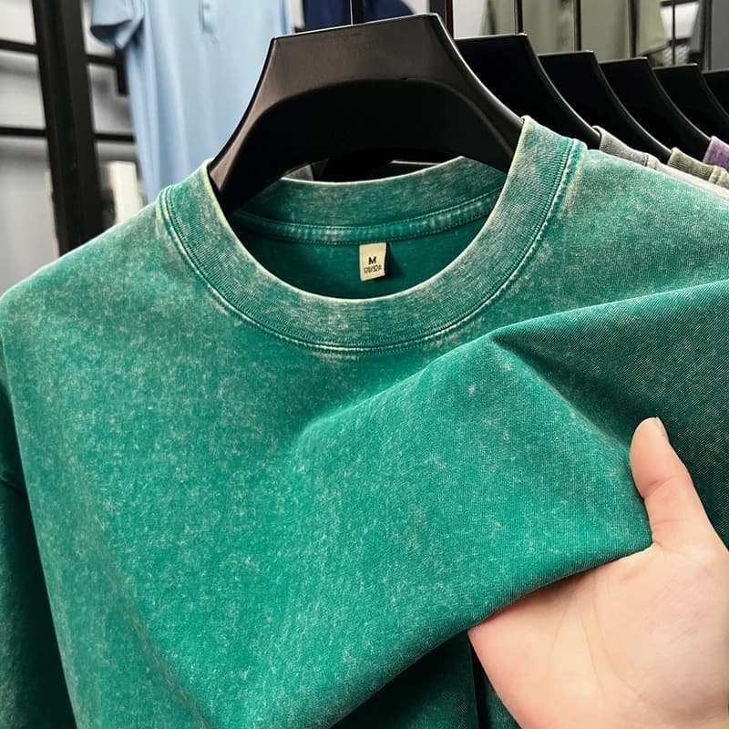 Personality washed vintage short sleeve T-shirt high-end 100% pure cotton men fashion round neck comfort lightweight casual top