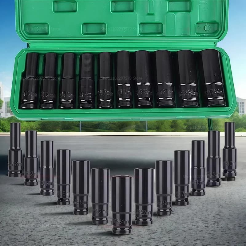 Socket wrench set, universal socket wrench set, deep-slot socket wrench set, pneumatic maintenance tool wrench 10-piece set