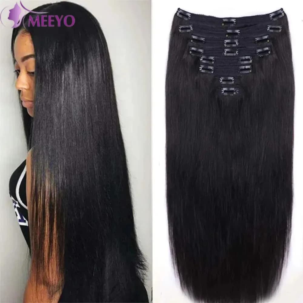 Seamless Clip ins Human Hair Straight Brazilian Remy Real Clip in Hair Extension Human Hair Natural Black 1B Full Head 8Pcs 120G