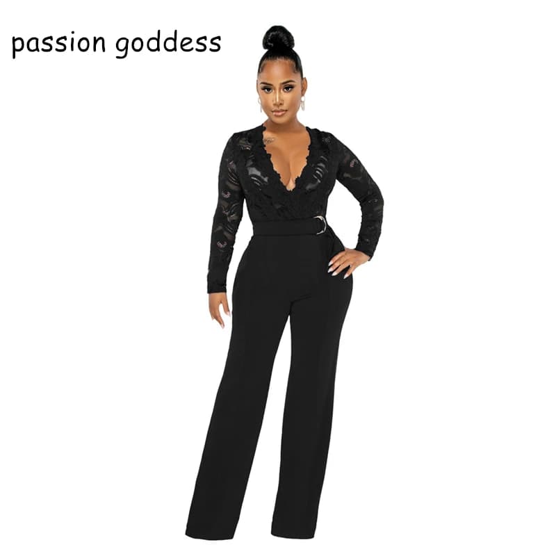 Women Long Sleeve Lace Patchwork Sexy Jumpsuits Deep V Neck Sashes Elegant Party Jumpsuit Overalls for Women Macacao Feminino