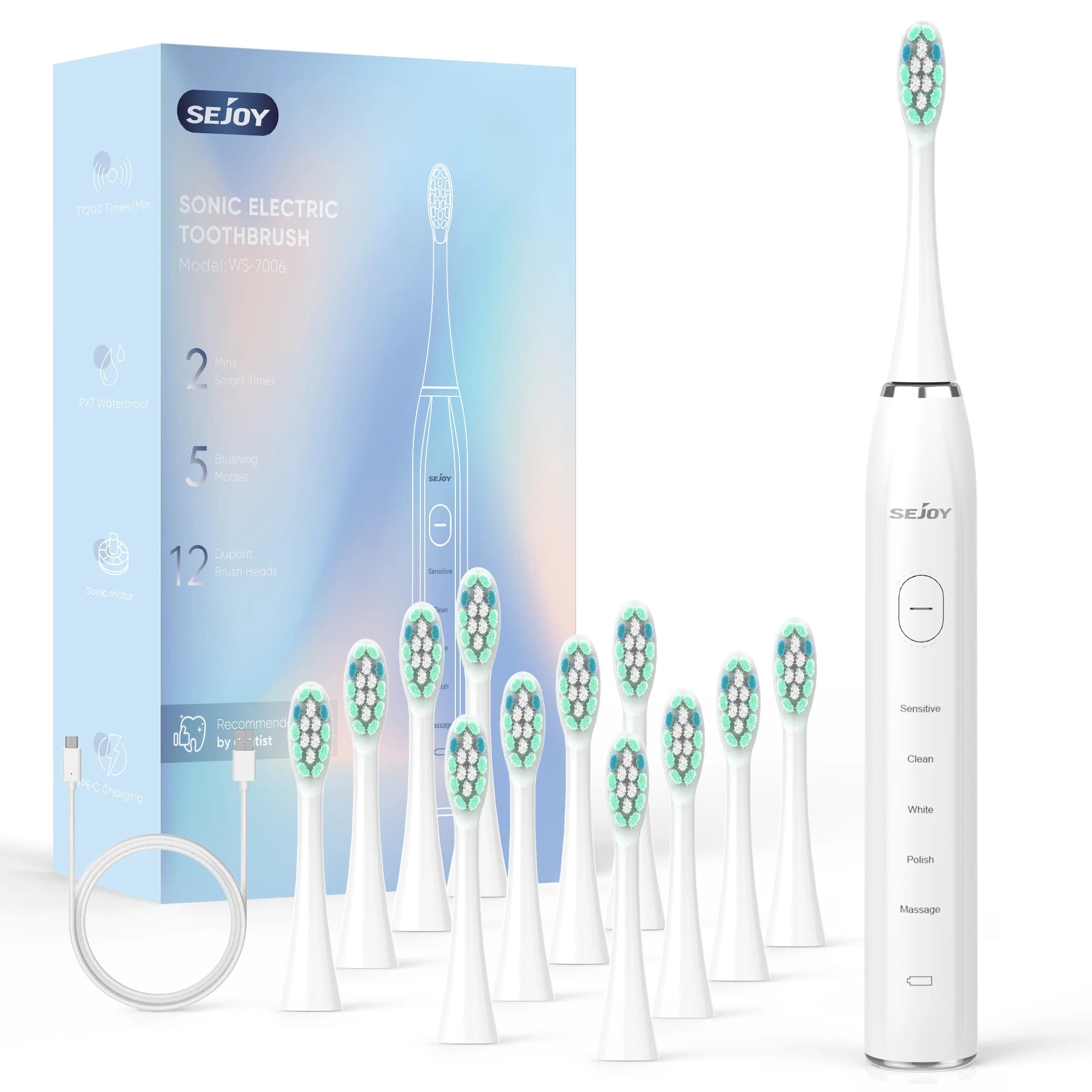 Smart Electric Toothbrush Rechargeable With 12pcs Replacement Head USB Tooth Brush 5 Modes Clean Whitening Sonic Toothbrush