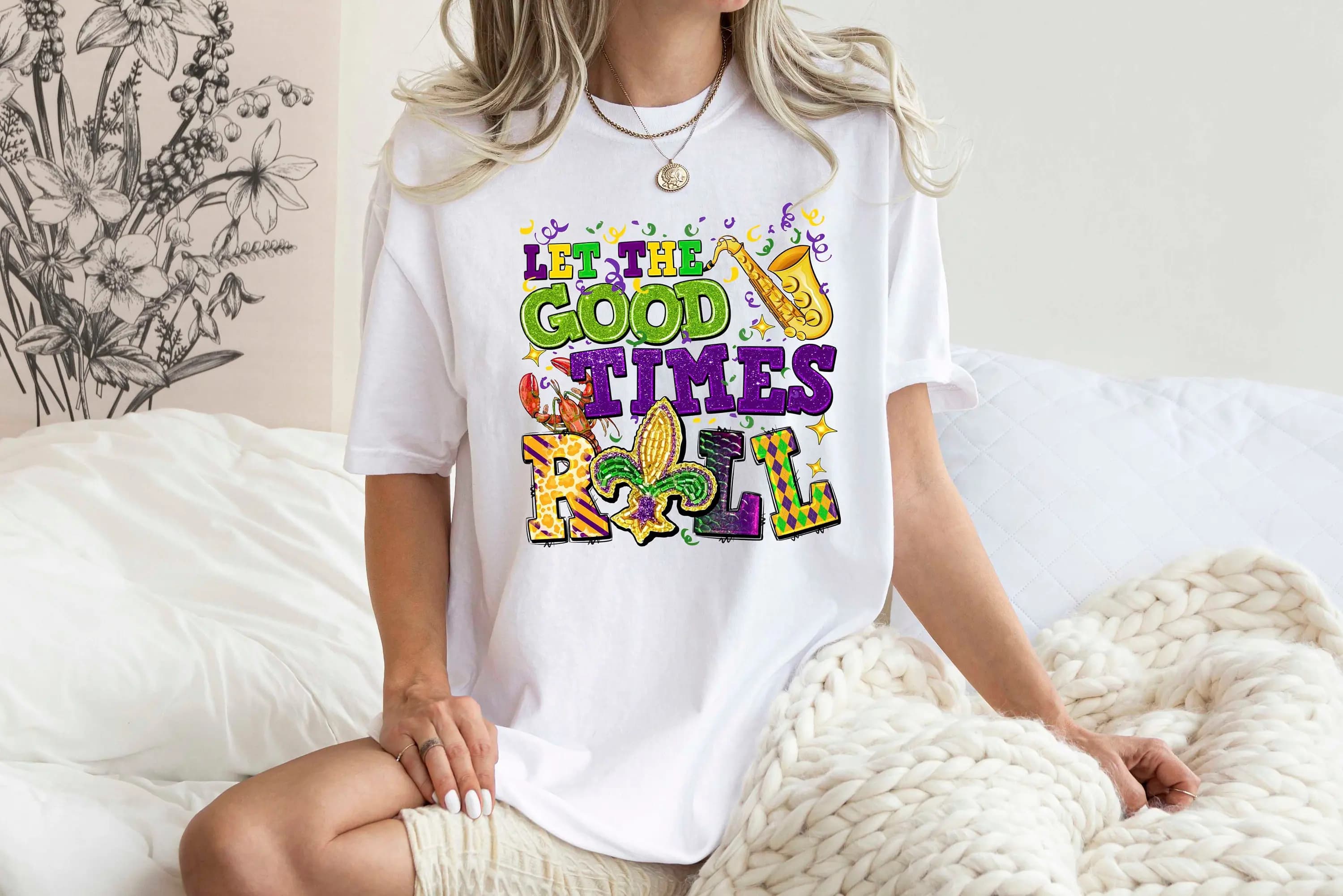 Comfort Color T Shirt Good Times Roll Mardi Gras Fleur De Lis Beads Women Festive Nola