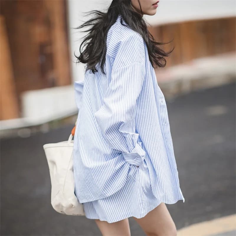 Maden Women's Blue White Striped Shirt and Shorts Sets Loose Casual French Classic Summer Suit Elegant Matching Two Piece Set