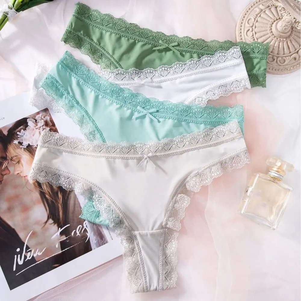 Comfortable Seamless Ice Silk Panties Thong Cotton Crotch Lace Bow Briefs Low Waist Underwear Women's Summer Panties Girl