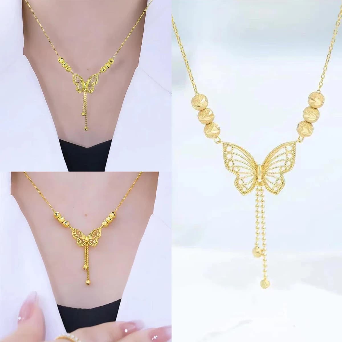 Live Burst Fashion Temperament Titanium Steel Necklace Openwork Five Blessings Beads Butterfly Collarbone Chain Necklace